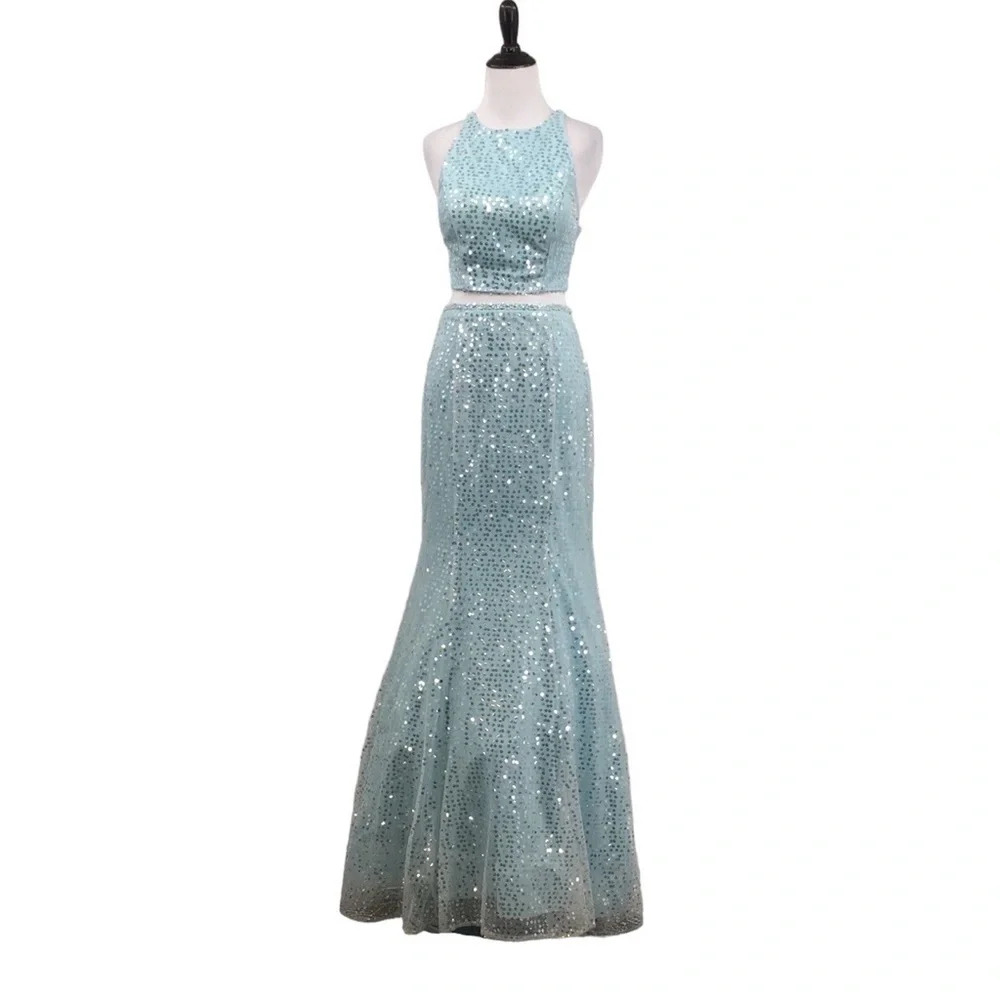 Ellie Wilde Prom Dress Womens 4 Blue Sequins Beaded Crop Top Skirt Set Strappy
